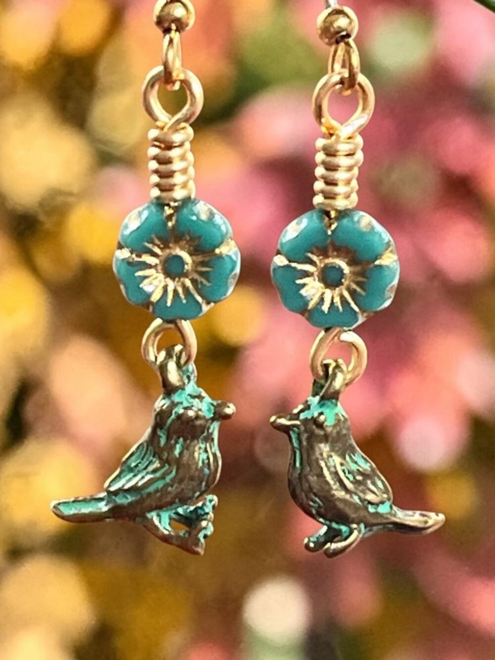 PetiteTurquoise Flower Bird Earrings | Boho Nature Dangle Earrings